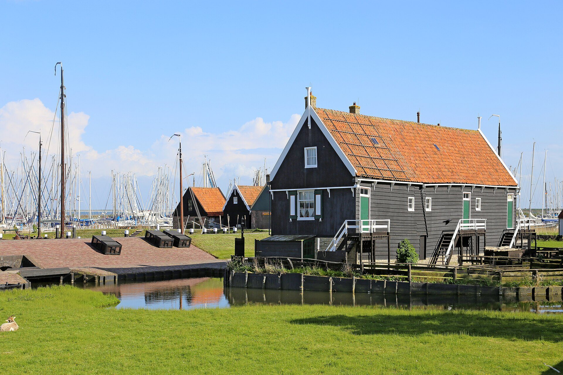 Holzhäuser und Hafenbecken im Freilichtbereich des Zuiderzeemuseums Enkhuizen