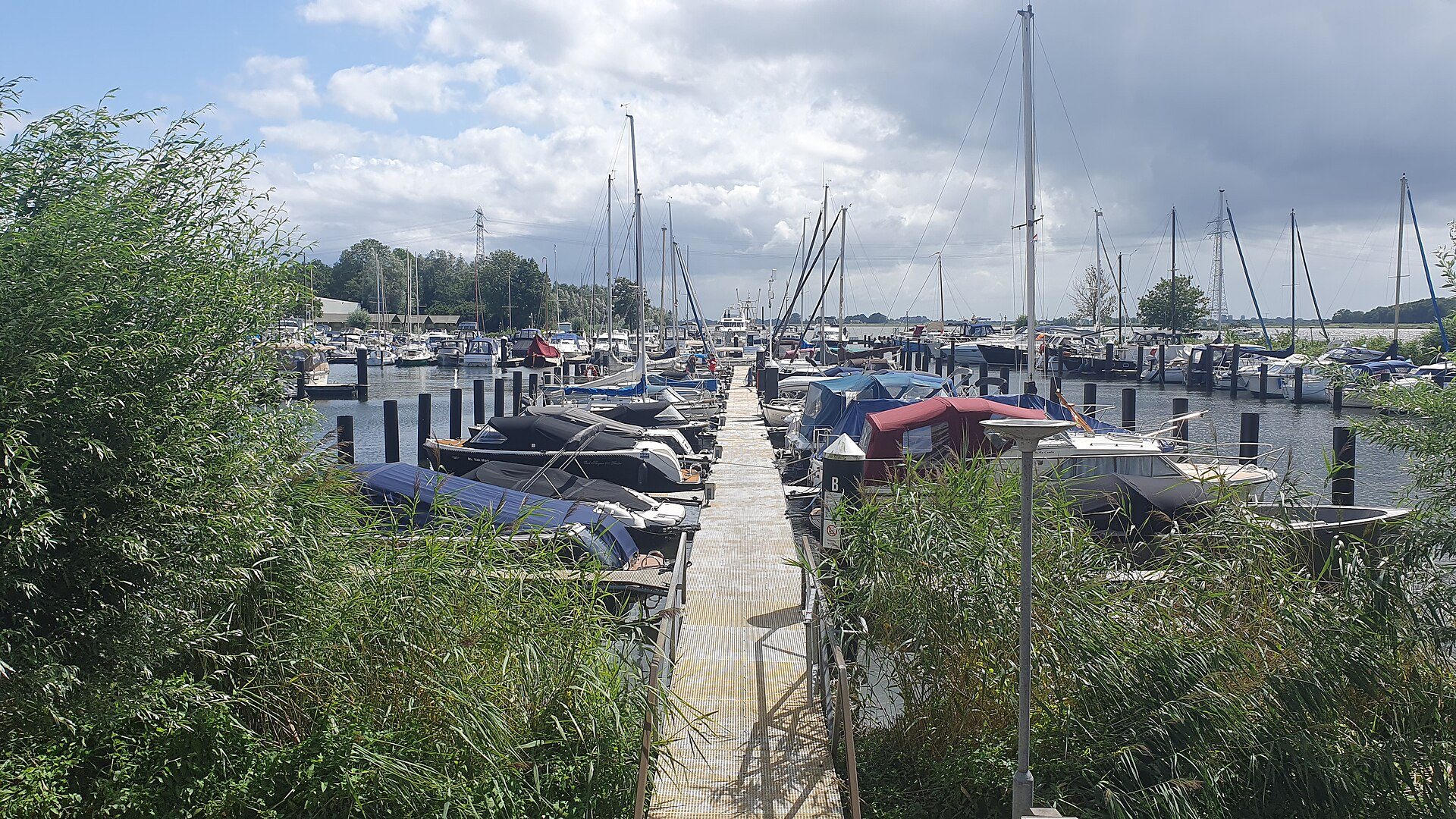 Bootssteg mit Segelbooten am Veluwemeer bei Zeewolde gegenüber der Veluwe
