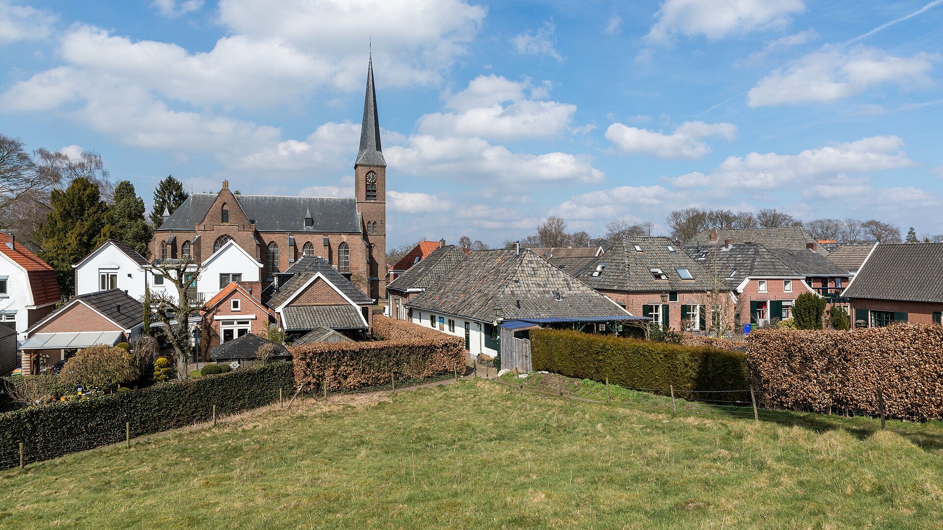 Blick über Wiesen auf die Sint-Georgiuskerk von Bredevoort im Achterhoek