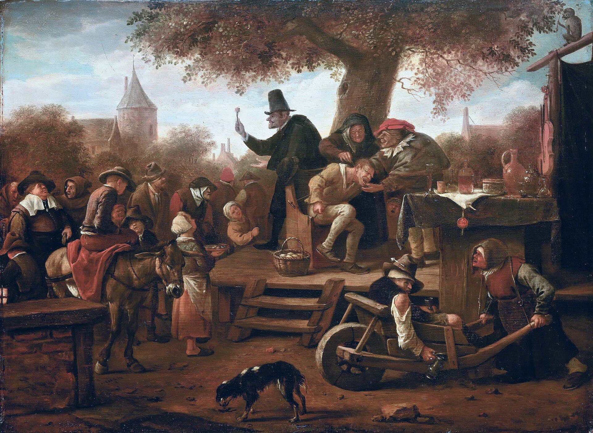 Jan Steens Gemälde „Der Quacksalber“, eine belebte Genreszene aus dem 17. Jahrhundert